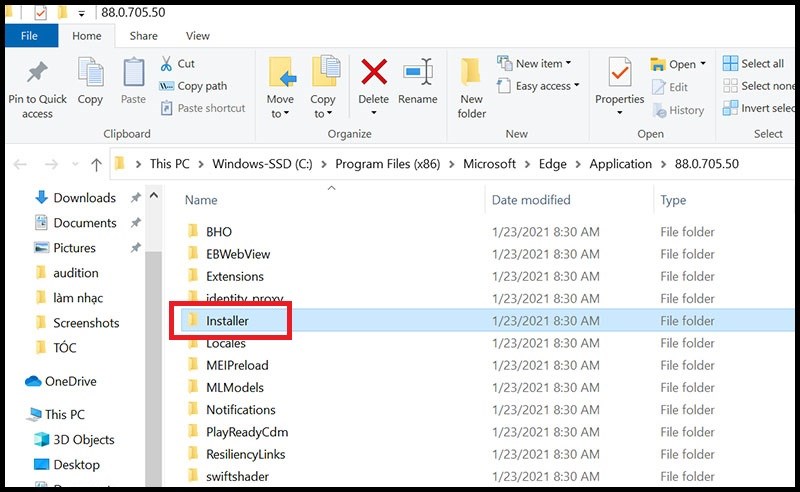 Mở thư mục Installer của Microsoft Edge
